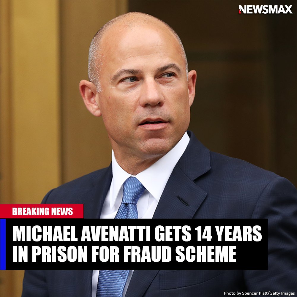 NEWSMAX's tweet image. NEW: Incarcerated celeb lawyer and former anti-Trump media darling Michael Avenatti sentenced to 14 years in prison, $7 million restitution payment for cheating his clients out of millions: bit.ly/3UA5aCj