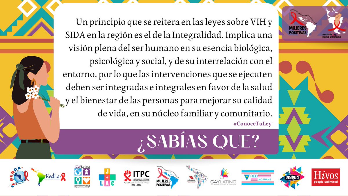 mmpositivas's tweet photo. ☝Los aspectos sociales, biológicos y psicológicos de nuestras cotidianidades son principios transversales de las leyes sobre #VIH/ #SIDA en la región.
✊La #integralidad como principio, la integralidad como derecho.
#ConoceTuLey #ALEP #MujeresPositivas #saludintegral https://t.co/dVjLp0Bs0h