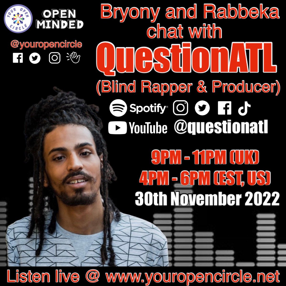 youropencircle's tweet photo. If you missed last weeks Open Minded, where the lovely @questionatl was on for a two hour rap focussed show, we are replaying it tonight at 11PM (UK) 6PM (EST, US)
If you like what you hear, don’t forget to check out Open Minded, EVERY WEDNESDAY at 9PM (UK) https://t.co/nEVWDHtwVv