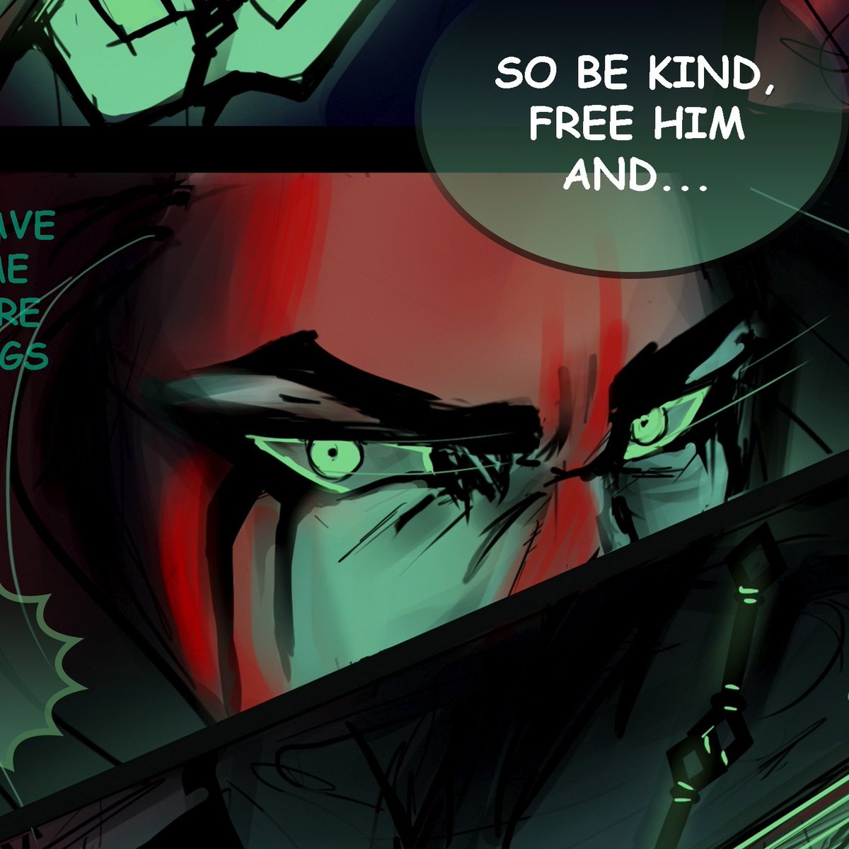 medok_art's tweet photo. #Distorture_comic spoiler + fact about Thresh's "eye-marks" since I had to make his look from zero.
It was inspired by "corpse paint", a type of a make up which some of metal singers use on stage.
It appears only if he uses his powers-- whoops, im silent!
You'll see it in part 2! https://t.co/WTFqMf9zwS