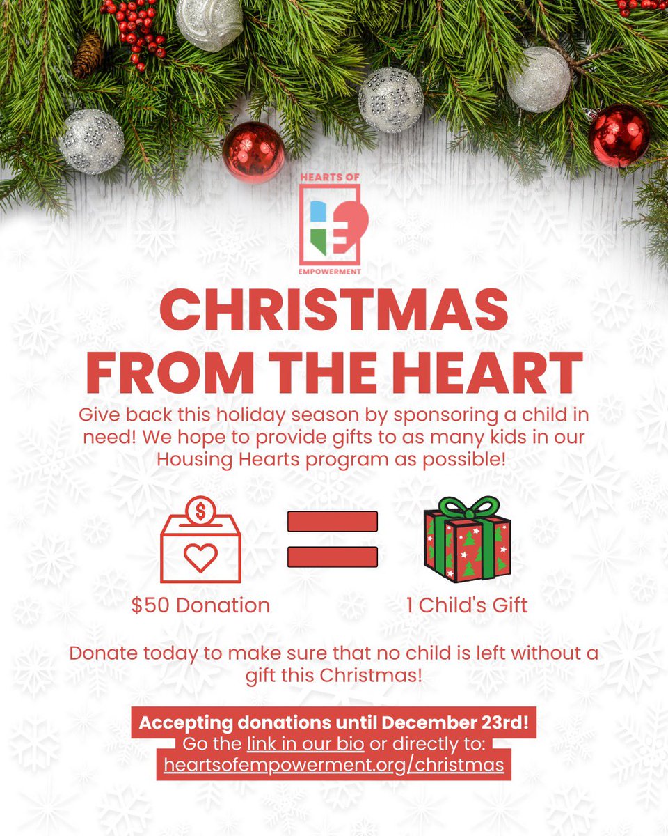 Hearts_org's tweet photo. Give back this holiday season by sponsoring a child in need! We hope to provide gifts to as many kids in our Housing Hearts program as possible!

Your $50 Donation = 1 Child's Gift. Donate today to ensure no child is left without a gift this Christmas!

Accepting until 12/23! 🎁 https://t.co/QgXOi7ZEo4