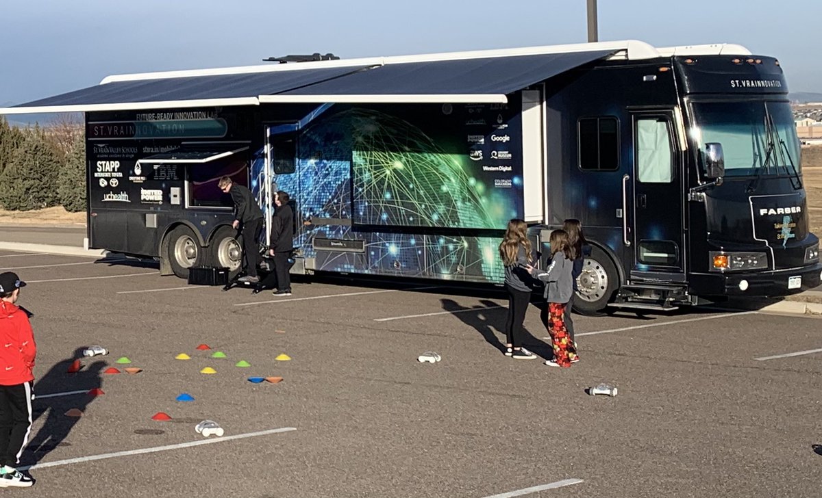 DillonWhisman's tweet image. A perfect day to kick off #CSEdWeek2022 with a visit from the @stvrainnovation mobile lab! Students engaged with computer science through AR apps and exploring programming with Sphero RVRs. A big thank you to Evan, @OwenWillisIC, and @MrColinRickman for making this day possible!