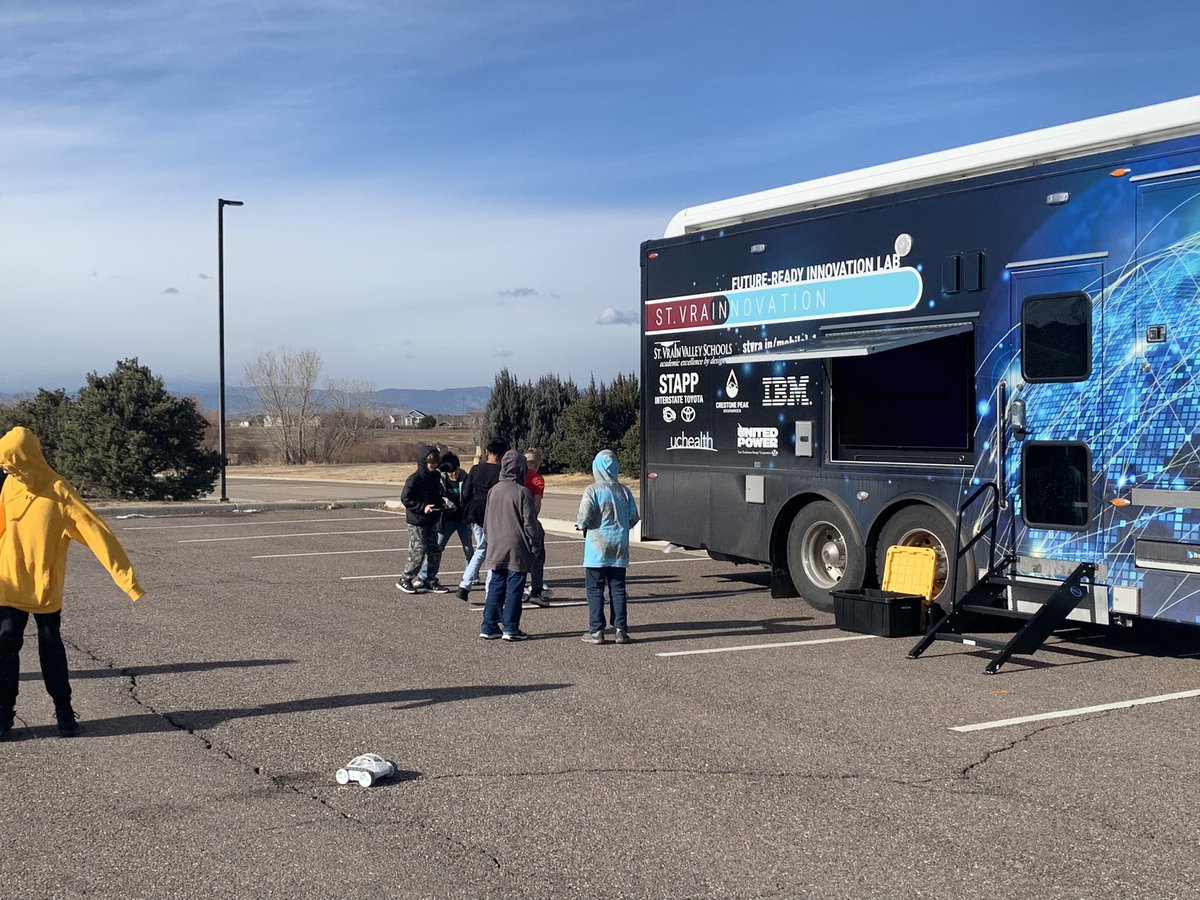 DillonWhisman's tweet image. A perfect day to kick off #CSEdWeek2022 with a visit from the @stvrainnovation mobile lab! Students engaged with computer science through AR apps and exploring programming with Sphero RVRs. A big thank you to Evan, @OwenWillisIC, and @MrColinRickman for making this day possible!