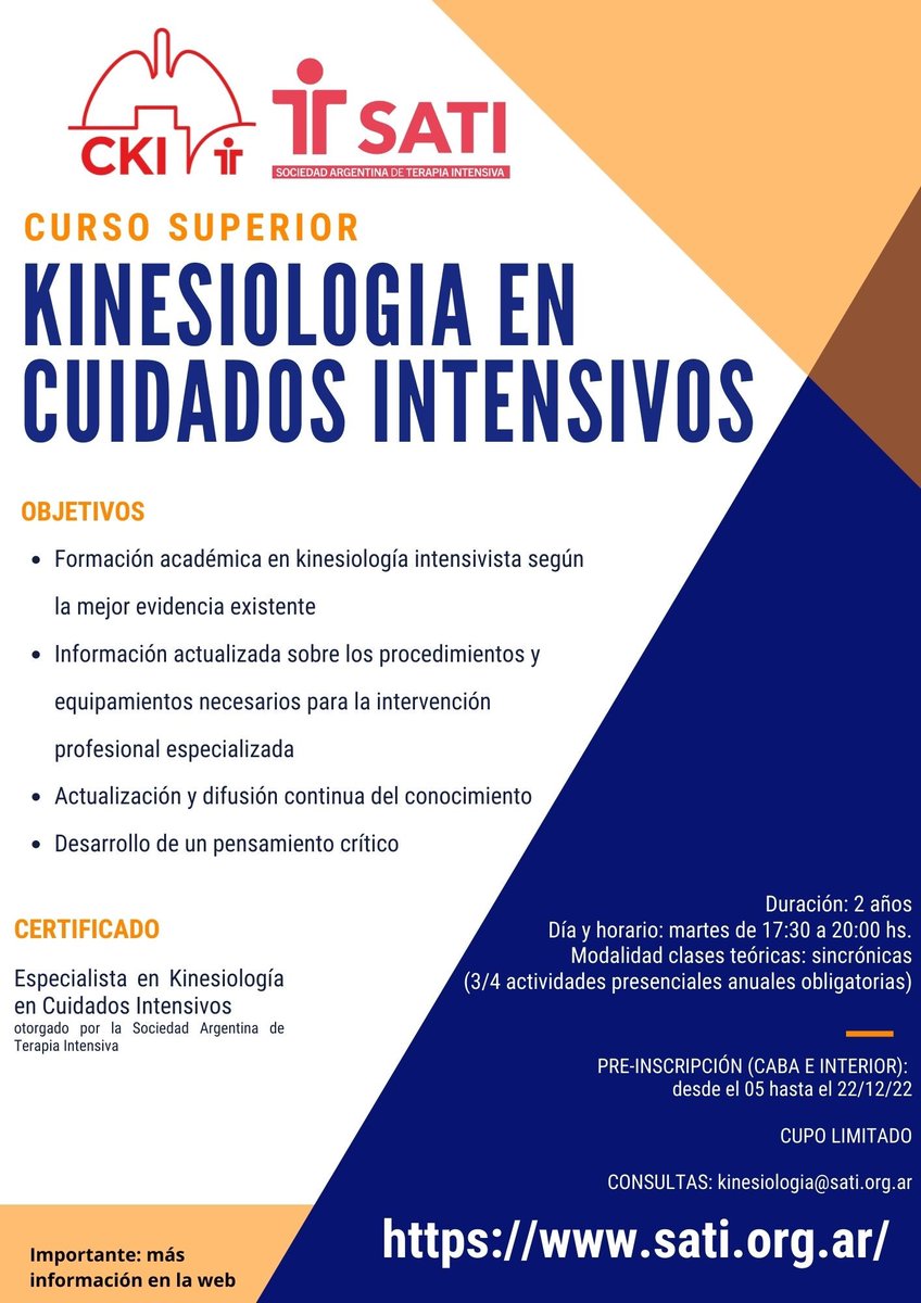 CKISATI's tweet photo. 🗣️ ¡Atención!
Curso Superior de Kinesiología en Cuidados Intensivos 🫁
#CSKI @SATIarg
Pre inscripción hasta el 22/12 🗓️
Para más información 👇
📌https://t.co/TUBRJmDldC
🖥️ Consultas vía e-mail
kinesiología@sati.org.ar https://t.co/R0UA24EyQI
