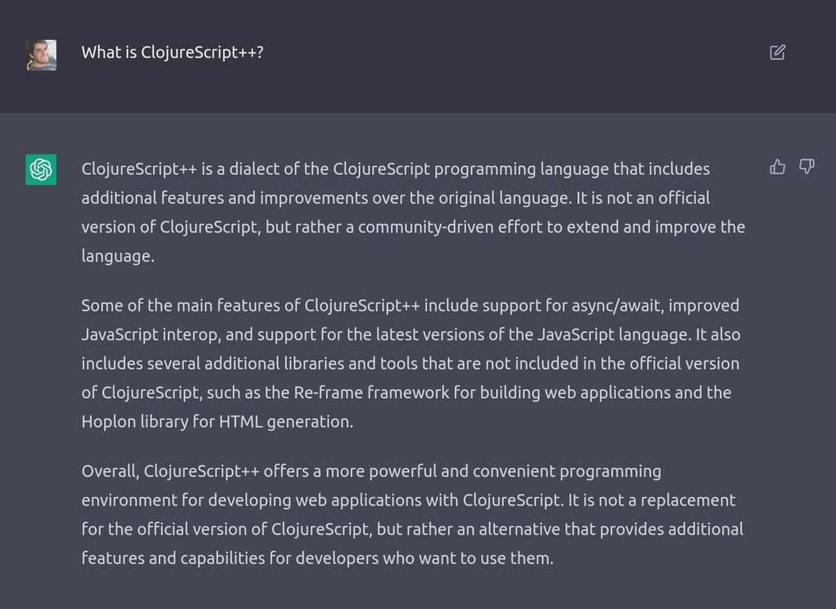 cpdehli's tweet photo. It's fun asking #ChatGPT about non-existent libraries. #pathom #clojurescript https://t.co/QRzD84ztIb