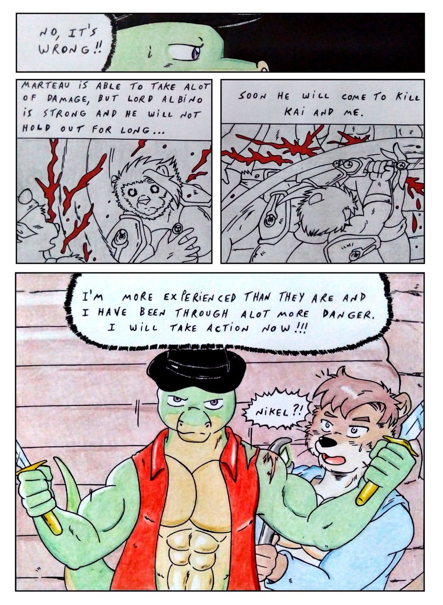 Dashthefox2's tweet photo. [Comic] Seaborn - Chapter 03 
Page 38
Story &amp; Art by Dash Fox

N-Nikel? What you gonna do....?

#Seaborn #chapter03 #furry #furryfandom #furryart #furryartist #comics #traditional #fantasy #furries #gay #Bara #nsfwtwt  #medieval #otter #lion #lizard #bear #adventure #pecs https://t.co/p2lOMWSprt