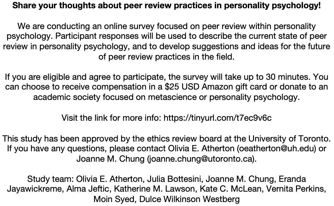 We're conducting an online study about people's experiences with peer review in personality psychology. Your participation will help develop suggestions for the future of peer review practices in the field. Click here for more information: tinyurl.com/t7ec9v6c RTs appreciated!