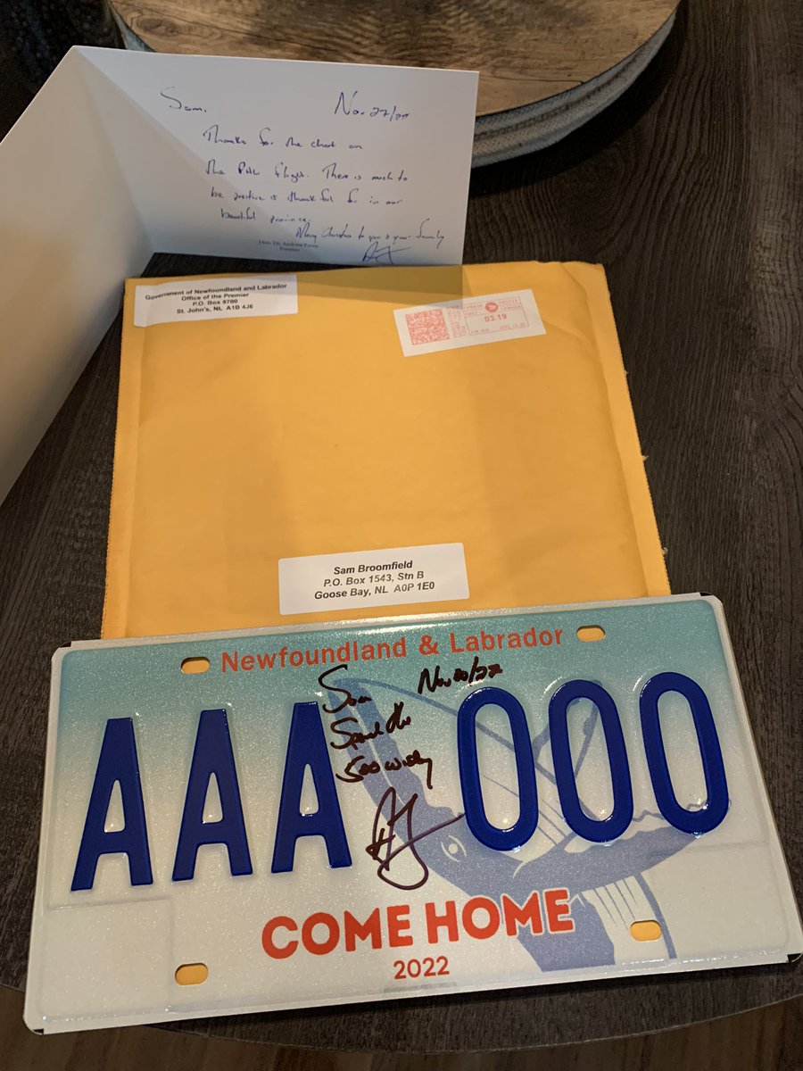 Sam__Broomfield's tweet photo. @PremierofNL @FureyAndrew I met out premier on a flight a couple weeks ago , we had a chat and some chuckles . He took my cell number and got my mailing address and today I received this in the mail . Thank you really made my day . https://t.co/M774j964Yh