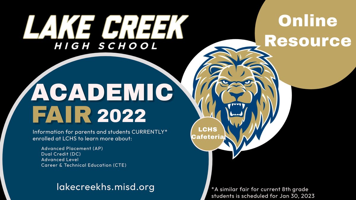 If you were unable to attend last week's Academic Fair, visit ow.ly/TPfg50LVLzR to hear directly from each of the presenters!

<a href="/LakeCreekHS/">Lake Creek High School</a> <a href="/Counselors_LCHS/">Lake Creek High School Counselors</a> @MISDCareerTech <a href="/MontgomeryISD/">Montgomery ISD</a> <a href="/lions_trw/">Tim Williams</a>