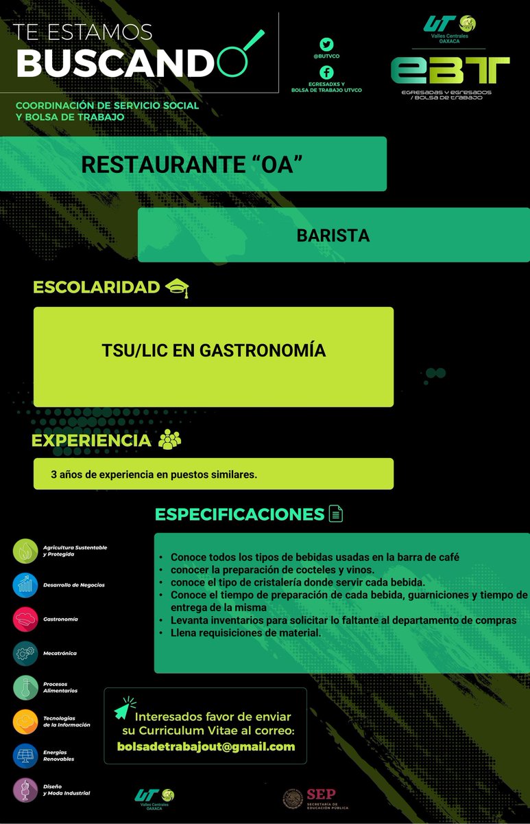BUtvco's tweet photo. Restaurante OA Solicita 

✅Chef Ejecutivo
✅Cocinera(a).
✅Capitán de Meseros.
✅Barista
✍ Interesados mandar su C.V. a 
✅bolsadetrabajout@gmail.com 

@gastroutvco 
@utvco https://t.co/bYwg7u4cEh