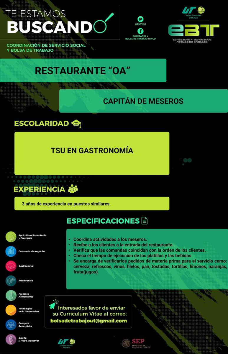 BUtvco's tweet photo. Restaurante OA Solicita 

✅Chef Ejecutivo
✅Cocinera(a).
✅Capitán de Meseros.
✅Barista
✍ Interesados mandar su C.V. a 
✅bolsadetrabajout@gmail.com 

@gastroutvco 
@utvco https://t.co/bYwg7u4cEh