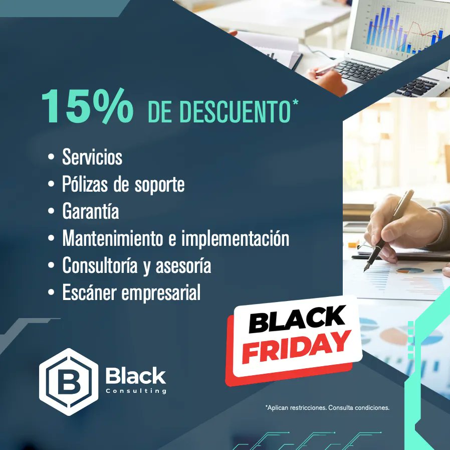 BlackConsultMX's tweet photo. Aprovecha un 15% DE DESCUENTO* en:
Servicios, pólizas de soporte, garantía, mantenimiento e implementación, consultoría, asesoría, así como escáner empresarial. 

WhatsApp https://t.co/RklGMRbGBr 

#Promocion #Descuento #BlackFriday

*Aplican restricciones. Consulta condiciones. https://t.co/l7RXDOW9Y6
