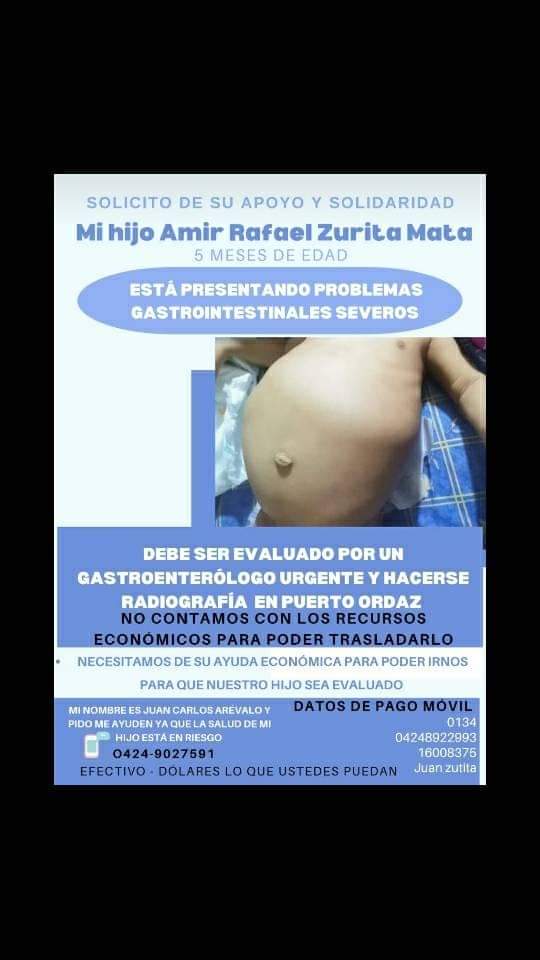 #ATENCION amigos, ayudemos a el niño Amir R Zurita de 5mese, quién debe ser evaluado por un gastroenterólogo. El que pueda aportar un granito de arena y el que no con sus oraciones. En la imagen está como apoyar. Rt