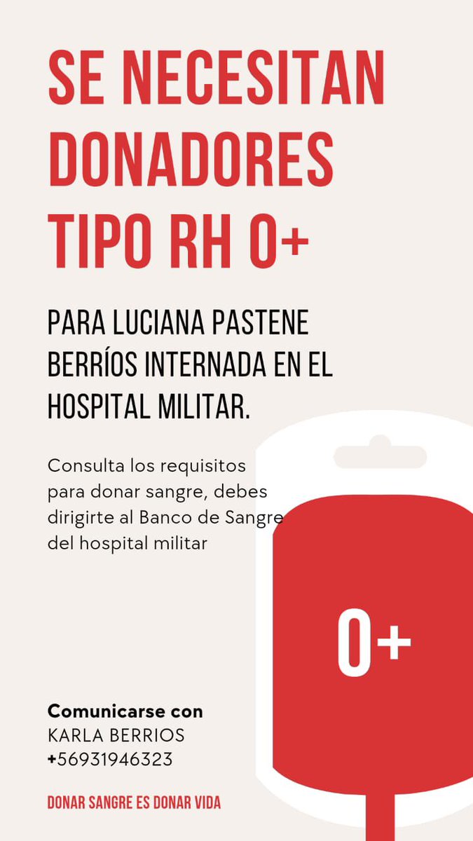 OncoMamas's tweet photo. 📣Se necesita #DonanteDeSangre grupo O(4) Rh(+) para #LucianaPasteneBerrios niña que requiere para tratamiento de leucemia en Hospital Militar de Santiago, Av.Alcalde Fernando Castillo Velasco 9100 #LaReina #Santiago
La familia no es de la capital
Pide hora al 223316828
Favor RT https://t.co/J2hbCn2sHT