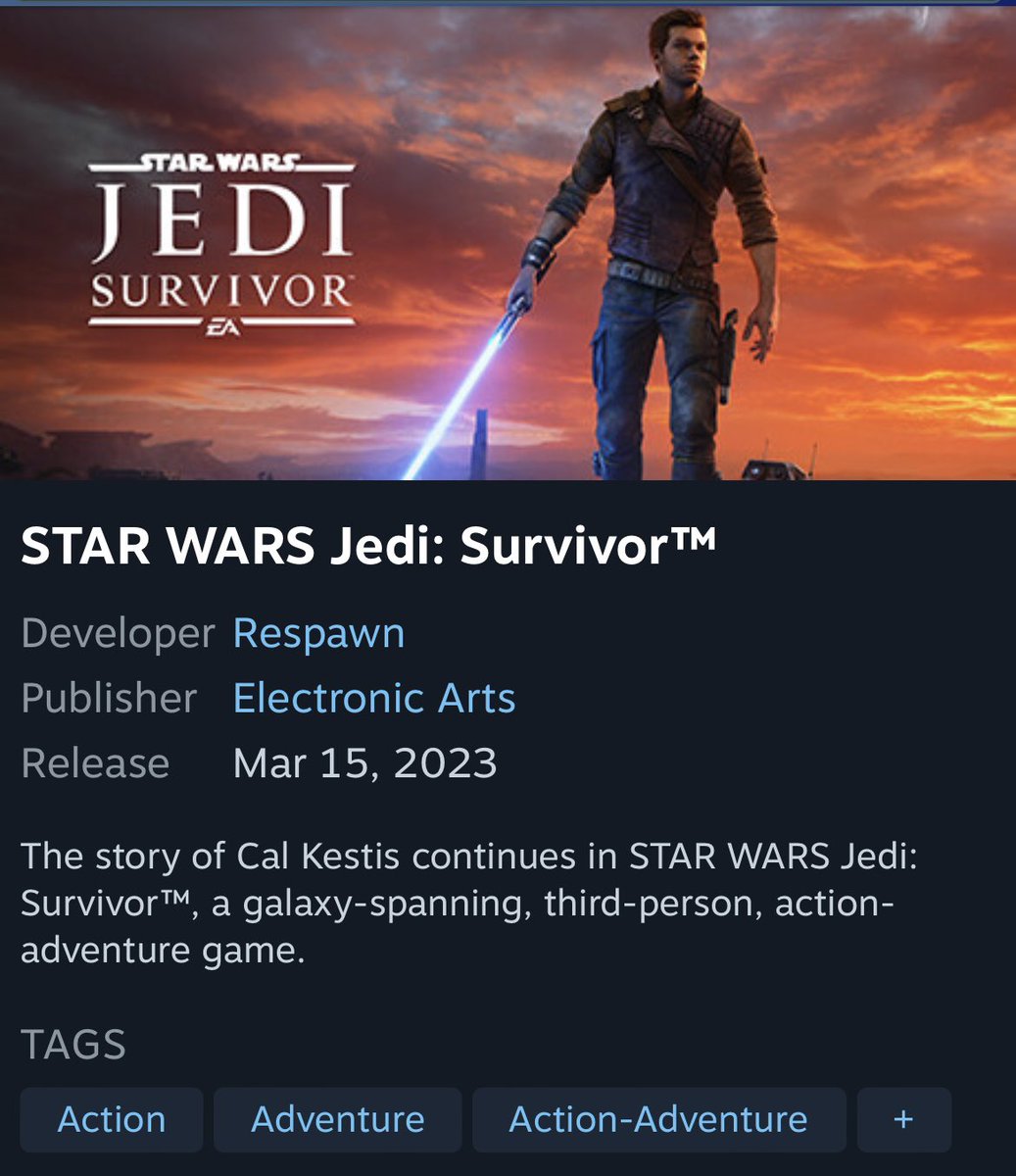 Star Wars Jedi: Survivor is releasing March 15, 2023, according to now deleted details on its Steam page 🤔

#PS5 #Xbox #PC