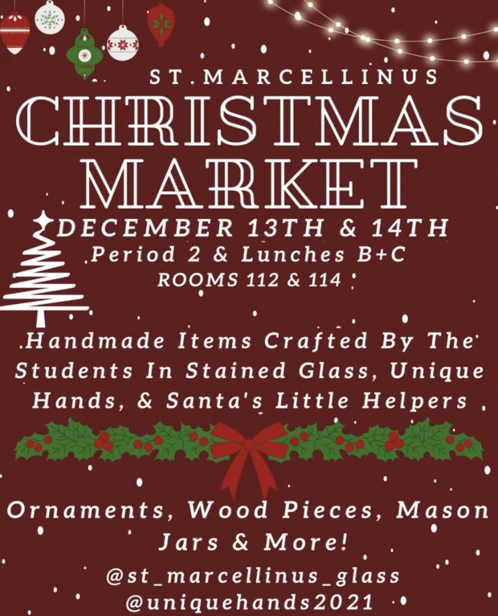 Hey St.Marcellinus are you looking for unique Christmas gifts then look no further.  Visit our Christmas Market December 13 &amp; 14th.