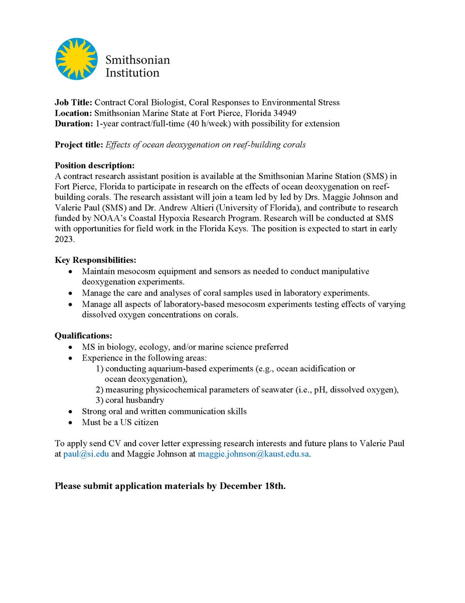 Dr. Maggie Johnson (@maggiedjohnson) on Twitter photo 📢📢👇🏽Looking for a job in early 2023 related to corals and environmental change (MS preferred but not required)? We're hiring for our deoxygenation team <a href="/SmithsonianSMS/">SmithsonianMarineStn</a> in Fort Pierce, FL. Awesome place to work, great group of people! Submit app by Dec 18th. DM with questions! 📢📢👇🏽Looking for a job in early 2023 related to corals and environmental change (MS preferred but not required)? We're hiring for our deoxygenation team <a href="/SmithsonianSMS/">SmithsonianMarineStn</a> in Fort Pierce, FL. Awesome place to work, great group of people! Submit app by Dec 18th. DM with questions!