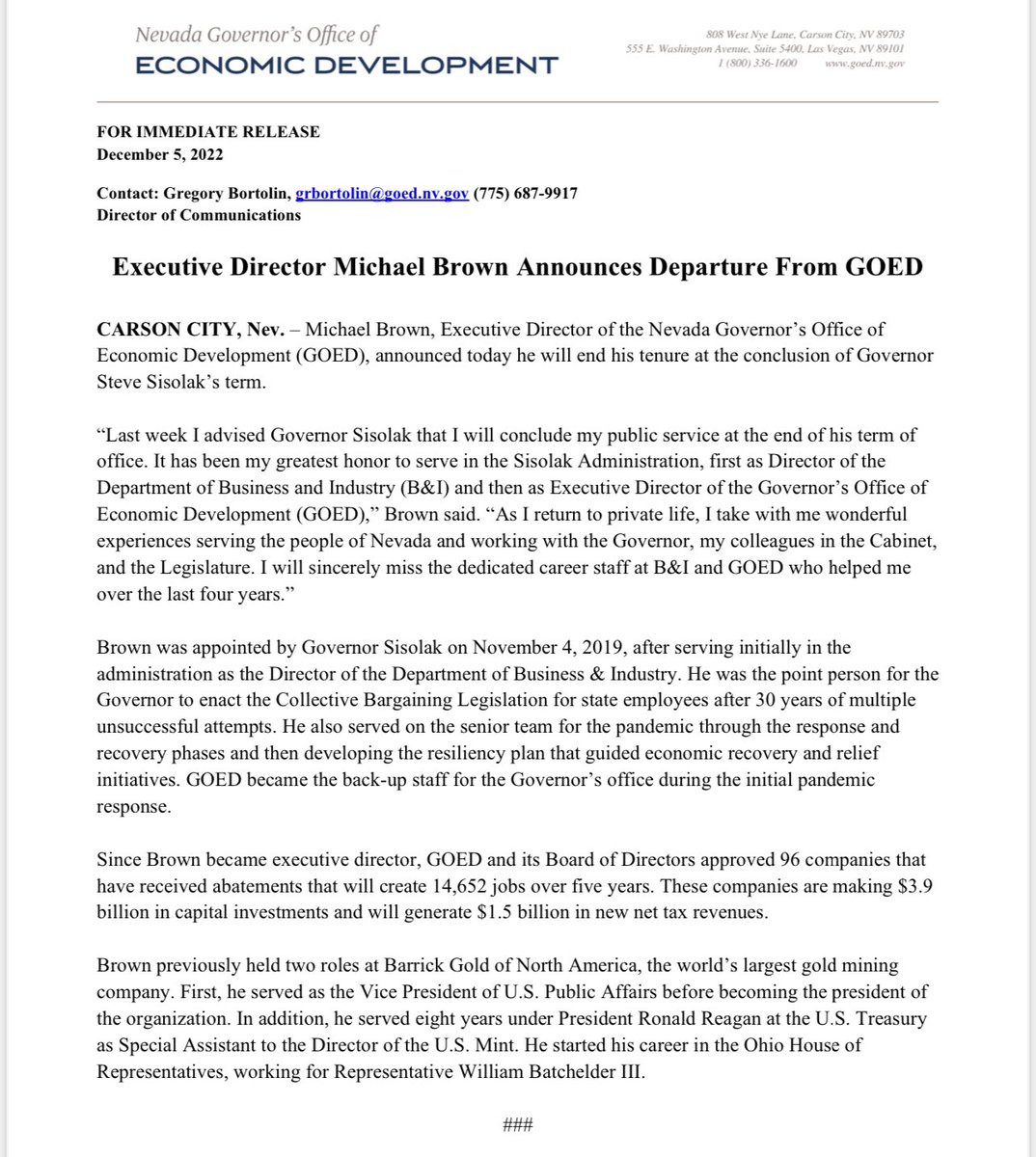 Thank you to <a href="/DiversifyNevada/">Nevada GOED</a> Executive Director Michael Brown for your unwavering commitment to our state and your dedication to strengthening Nevada’s economy. I wish you nothing but the best in the future.