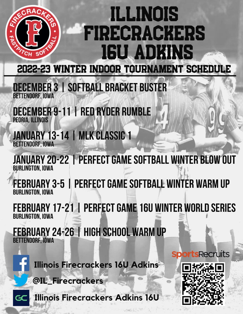 There are lots of opportunities to check out this talented @IL_Firecrackers team this winter either in person or on GameChanger!🧨🧨🥎 @LegacyLegendsS1 @ShowtimeSports1 @IHartFastpitch @TopPreps @Los_Stuff @CoastRecruits @ImpactRetweets @SBRRetweets