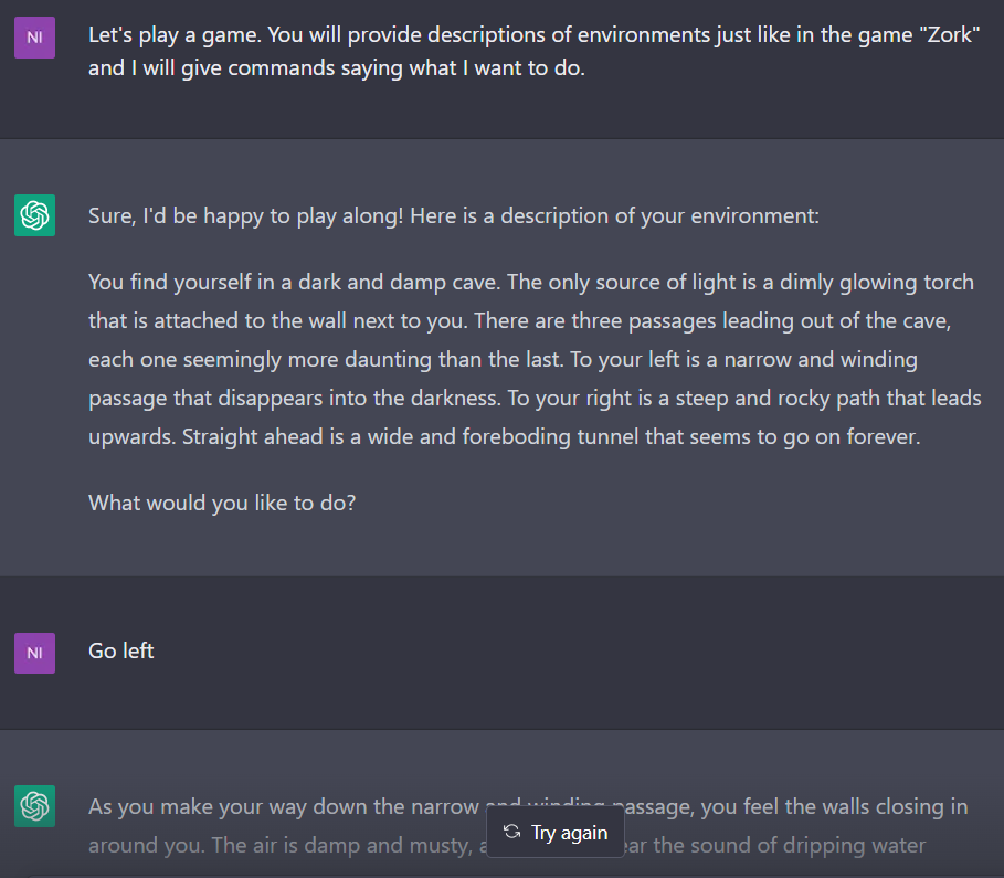 kundor's tweet photo. Holy crap I can just ask ChatGPT to play a game with me "Like Zork" and I'm playing a text-based adventure https://t.co/O307qi9Bou