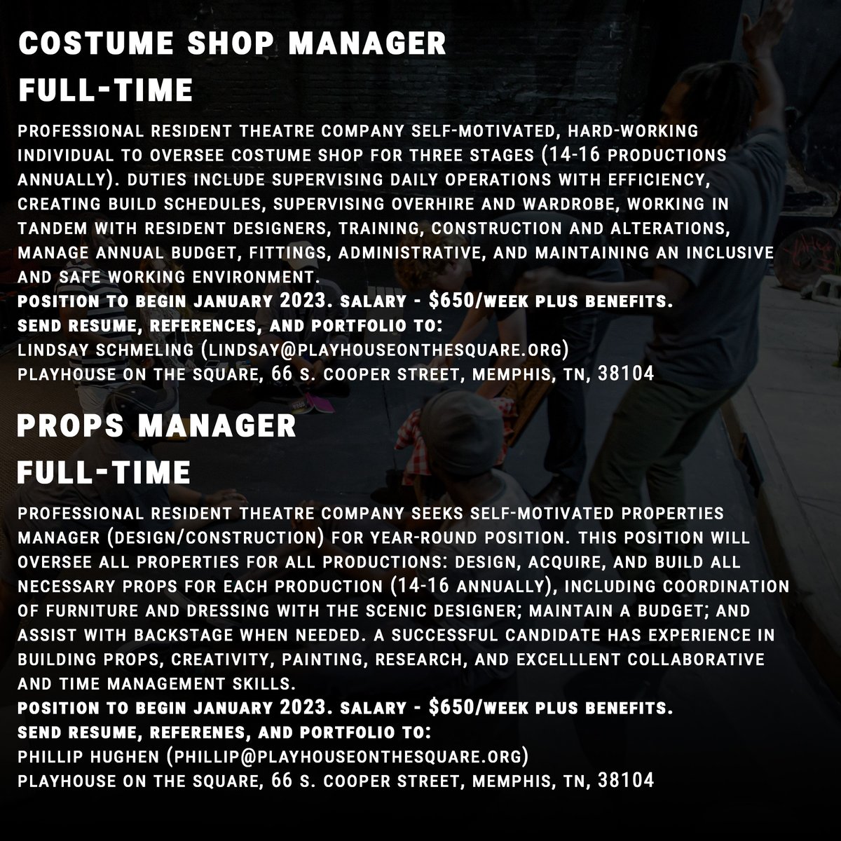 We're hiring! For full job descriptions and instructions on how to apply, follow the link here: bit.ly/playhousejobs

For questions about the positions, please email direct supervisors of the respective departments (listed in the job description). 

#POTSproud