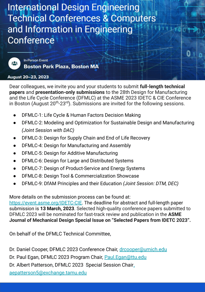 pEganPhD's tweet photo. Happy to share a Call for papers for ASME's 2023 Design For Manufacturing and the Life Cycle (DFMLC) conference in Boston. Please consider joining and also participating in the design tool showcase! Submissions due March 13th: #design #manufacturing https://t.co/ZIr009plrw