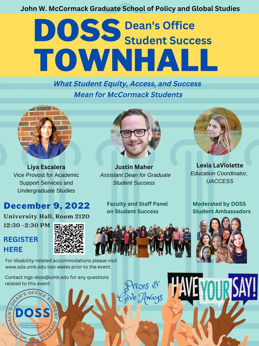 Are you registered for the upcoming DOSS Town Hall? Come have your say! We look forward to seeing you on December 9th. Register here: umb.edu/news_events_me… @publicpolicyumb @conresglobal @gerontologyumb @EscaleraLiya @UACCESS_UMB @UMassGlobal1