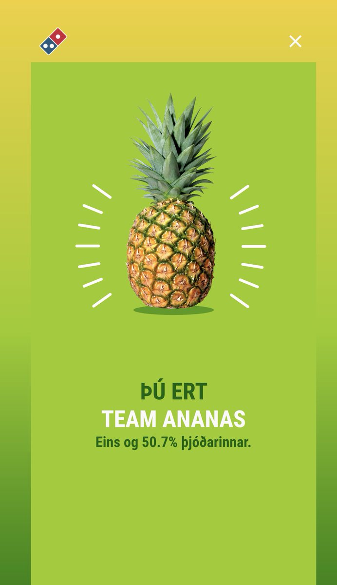 NEI ég er alls ekki team ananas en þar sem ég er alltaf að drífa mig og maxa tilboðin þá er besta leiðin að panta hawai mínus ananas fyrir skinku barnapizzu.  Getiði skrifað þetta niður einhvers staðar - ég vil ekki vera í liði með þessu ananas liði 🍍🍕