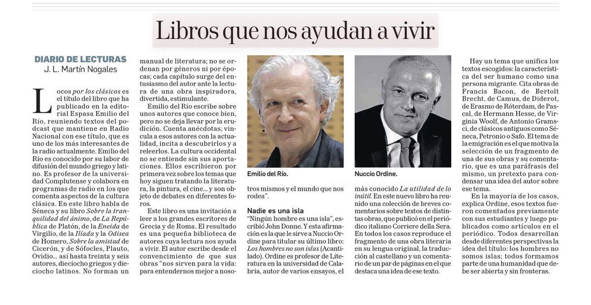 emilio_delrio's tweet photo. La buena literatura ayuda para la vida -lo escribo en #LocosPorLosClásicos-. 
La Odisea, la Eneida, no son solo obras de héroes,
también son de autoayuda, ¡de la buena!
Gracias a @jlmartinnogales por su artículo tan generoso sobre Locos, !y junto a mi @utilitainutile! https://t.co/or6TFNnBu1