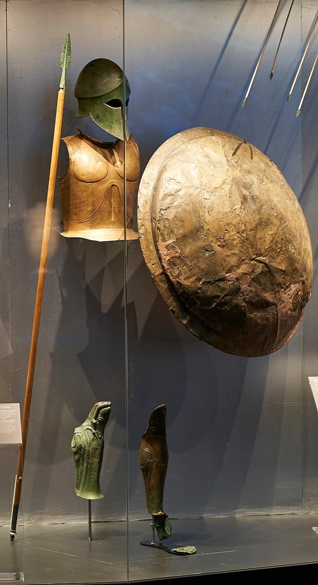 Ancient Greek hoplite armor and spear. 5th/6th CE BC. National Archaeological Museum, Athens, Greece.