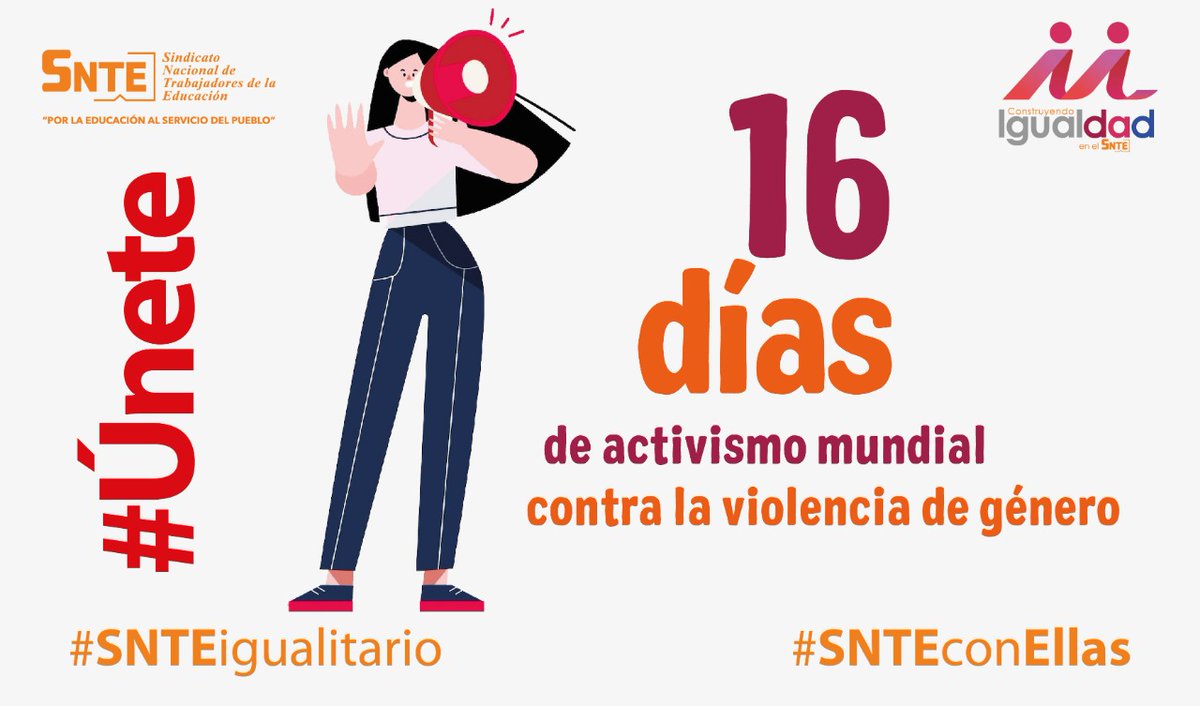 #SNTEconEllas 👧👩‍🦰
#SNTEigualitario 🙋‍♀️🔛🙋‍♂️

‼️#Únete‼️ Aboga en #16DíasDeActivismo mundial 🌎 por acciones para prevenir ✅ y eliminar ✅ violencia✔️ y acoso✔️ contra mujeres 👧👩‍🦰

Maestros y el #SNTE 📚 dicen #PreSNTE ☝️

#FelizLunes #5DeDiciembre #NiUnaMas #NiUnaMenos #MeToo