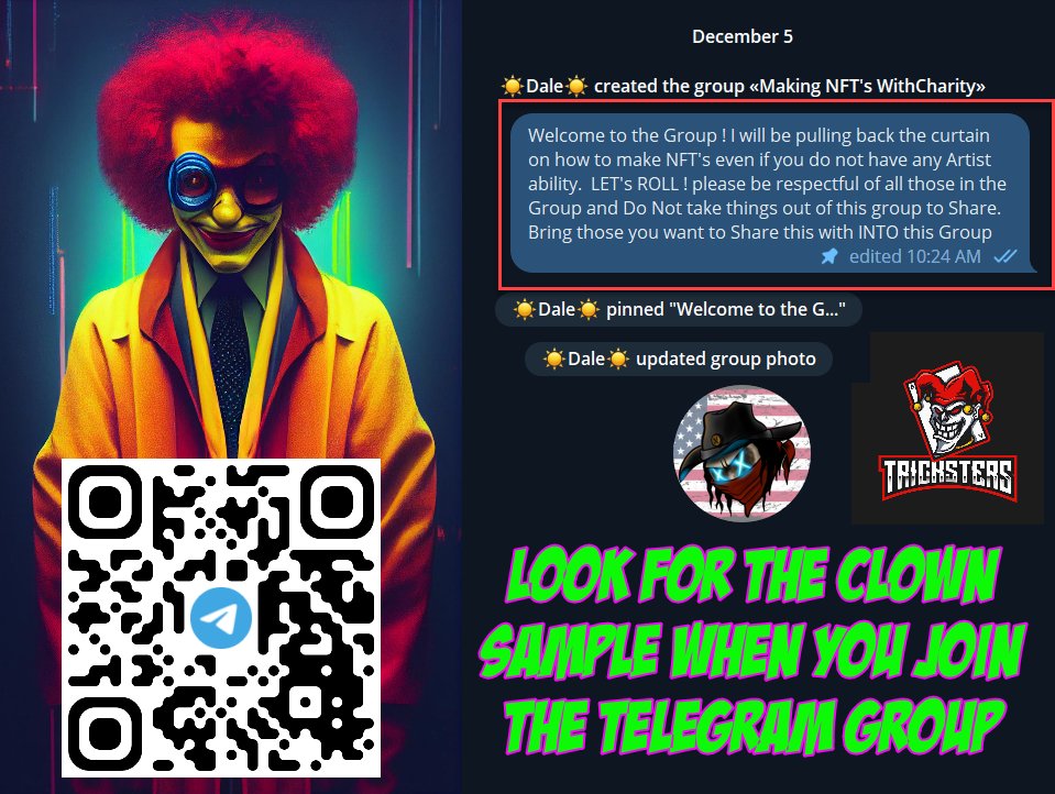WithCharityOrg's tweet photo. Join our new Telegram Group to learn how you can make  NFT's without any Artistic ability ! We are going all Penn &amp; Teller pulling back the curtain on NFT Creation.  Who knows maybe you will come up with the next Winning NFT!!  Join Here >> https://t.co/fLIjZuUjt8 https://t.co/r0CgmaVa2U
