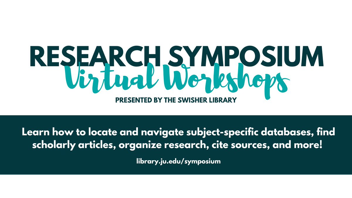JUSwisherLib's tweet photo. The Library is hosting Research Workshops for students  to prepare for JU's Spring Research Symposium. 

Workshops will be hosted virtually Monday, 1/23 through Thursday, 1/ 26. 

Advanced registration is required. For more information + to register, visit https://t.co/QrYLLdqDwH https://t.co/SuCChEB8FU
