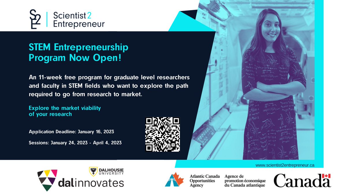 DAL INNOVATES (@dalinnovates) on Twitter photo Applications for <a href="/Scientist2E/">Scientist2Entrepreneur</a> are now open! This free program runs for 11-weeks online (1 hour/wk plus readings) and teaches scientists and STEM researchers the fundamentals of entrepreneurship.
Apply by January 16th: scientist2entrepreneur.ca/program
Made possible thanks to <a href="/ACOACanada/">ACOA Canada</a> Applications for <a href="/Scientist2E/">Scientist2Entrepreneur</a> are now open! This free program runs for 11-weeks online (1 hour/wk plus readings) and teaches scientists and STEM researchers the fundamentals of entrepreneurship.
Apply by January 16th: scientist2entrepreneur.ca/program
Made possible thanks to <a href="/ACOACanada/">ACOA Canada</a>