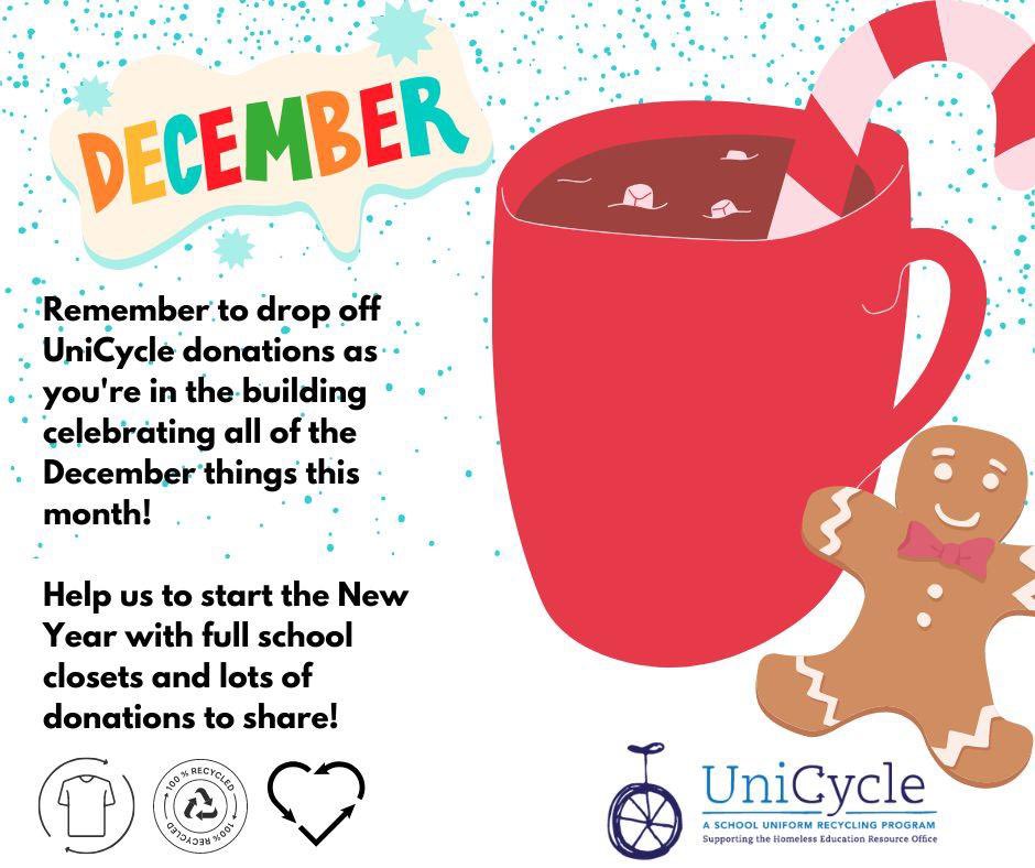 School partners- please share this fun graphic to remind your school communities about your UniCycle Closets during this event-filled season, and we’ll hope for lots of donations filling your baskets these next two weeks! 
🤞😍☃️