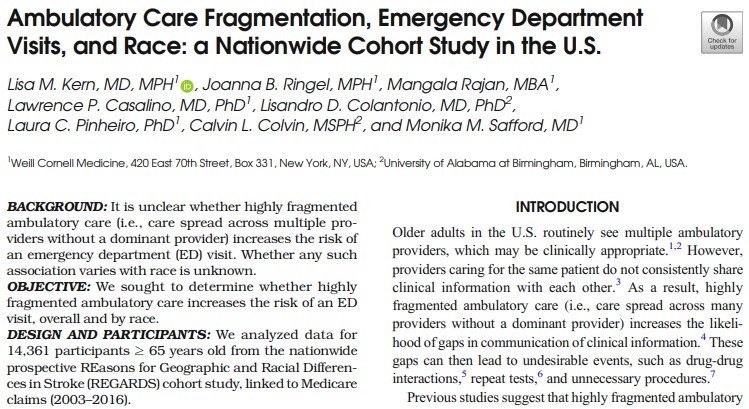 JournalGIM's tweet photo. Highly fragmented ambulatory care was an independent predictor of ED visits, especially among Black individuals. @LisaKernMD https://t.co/7ZvKRXTIwt https://t.co/uYyXWka6i7