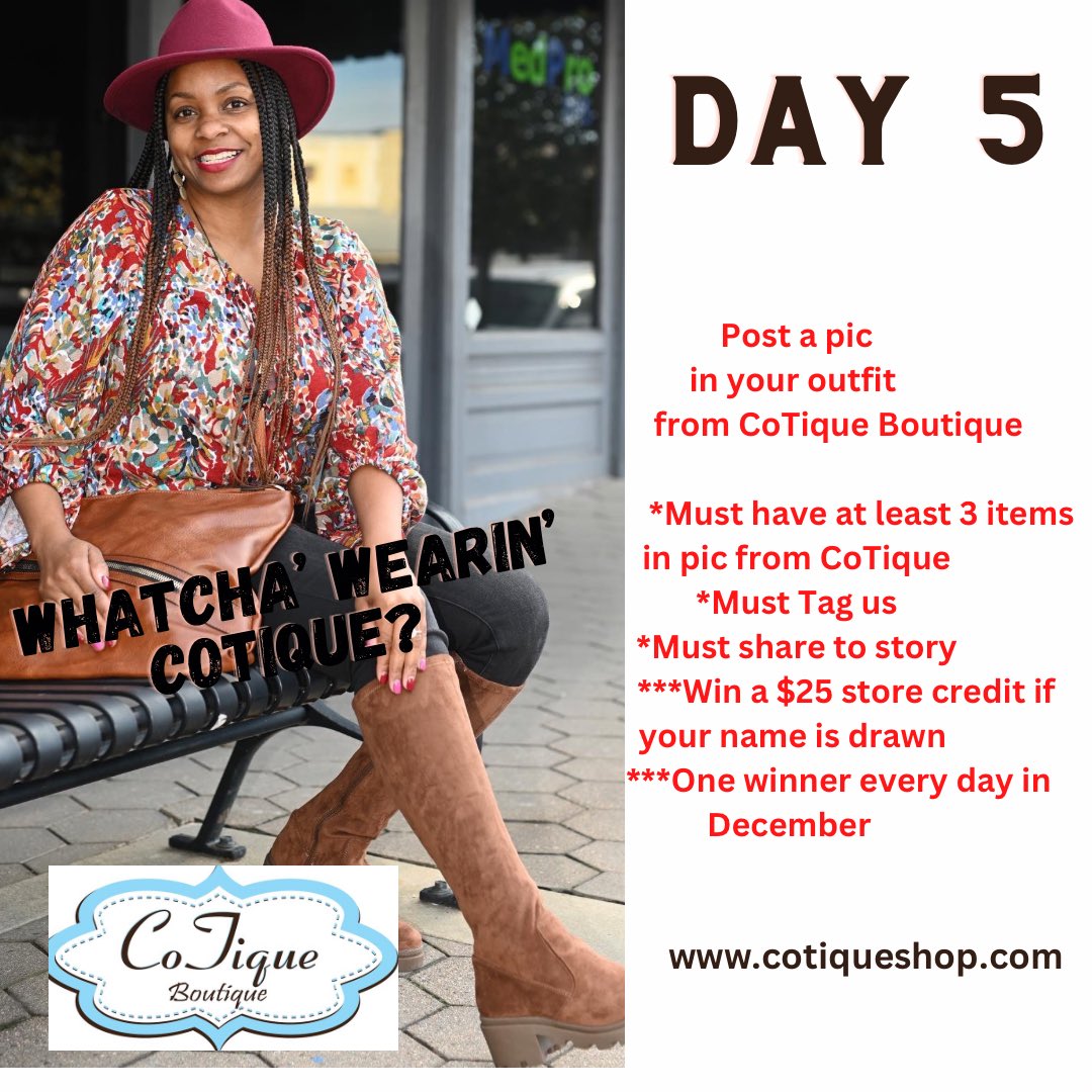 Cotiqueshop's tweet photo. Happy Monday!
We are on Day 5️⃣‼️
Post those pics! Post with you wearing 3️⃣ or more items in the pic.
Share and tag us!
***If your profile is private, I can’t see it. Snap a pic and send my way😊
$2️⃣5️⃣ credits are up for grabs daily in December!
#cotiquegiveaways #cotique https://t.co/A8usXlhrHA