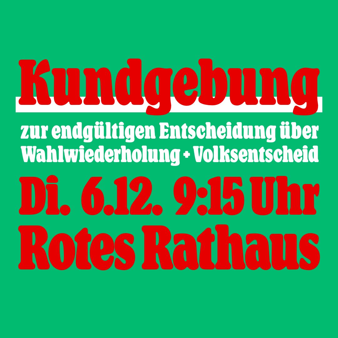 Reminder: Morgen wird die endgültige Entscheidung zum Volksentscheid Termin bekanntgeben - aber nicht ohne uns. Sei dabei, wenn wir noch einmal gemeinsam vor dem Roten Rathaus Druck machen. EIN Termin heißt Demokratie stärken und Steuergeld sparen!

#Berlin2030 #oneBallot