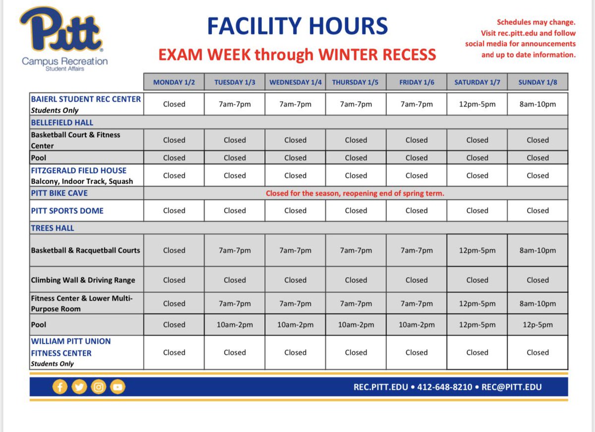 Winter RecessFacility hours!
For more information visit: studentaffairs.pitt.edu/campus-recreat…