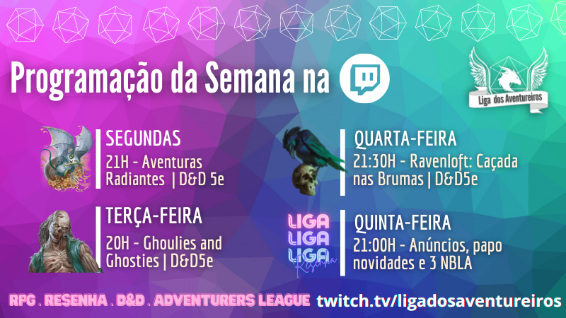 ligaventureiros's tweet photo. Oieeee! Programação da Semana lá na https://t.co/lKbnY9dK77. Já segue a gente? 🤩😻💜
>>>
@patlbrito @anavls1305 @inabotelho @Mayugurumi @naiphy @_Darkawaii @Stefbartieri_ @Saraivaverso @RaposaAquarela @xolivialopes @paulapbot @DnD_AdvLeague @Wizards_DnD https://t.co/F4brTwwp0J