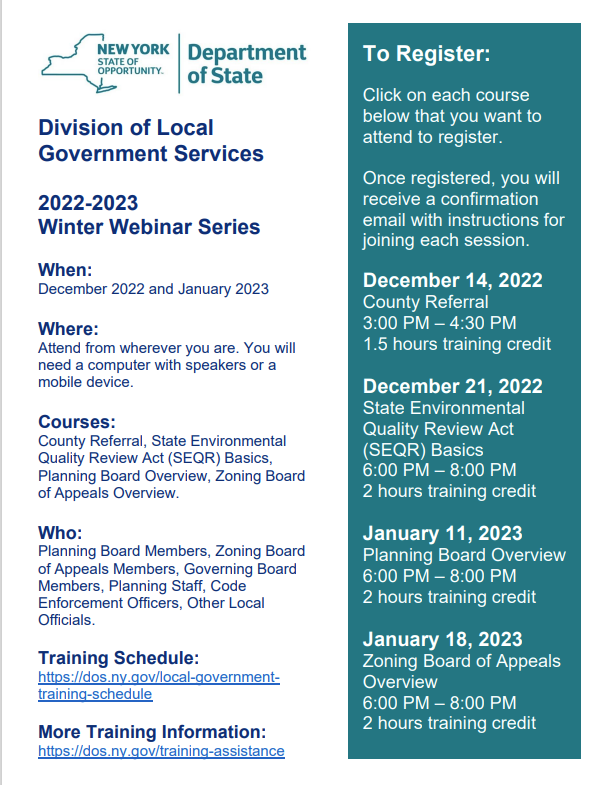 STCPlanning's tweet photo. NYS training available for Planning Board Members, Zoning Board of Appeals Members, Governing Board 
Members, Planning Staff, Code 
Enforcement Officers, Other Local 
Officials.

https://t.co/26VukQN3uK https://t.co/Ju4OLSfGuF