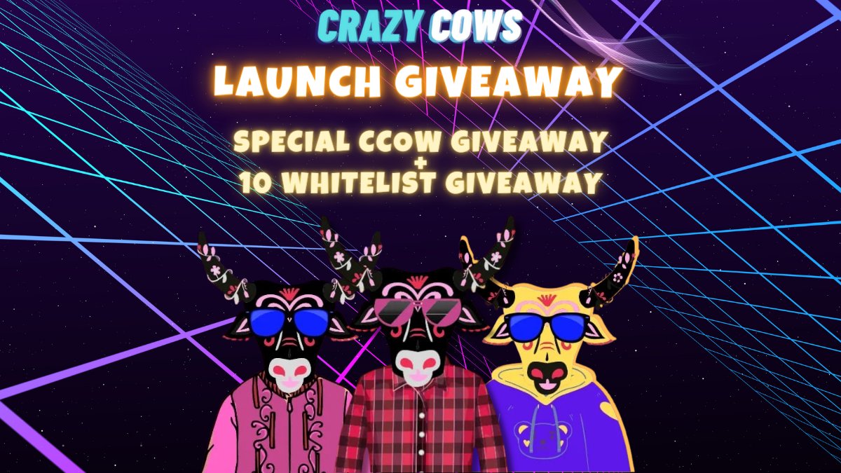 Crazycows_Club's tweet photo. ➡️#CrazyCows Launch Special #Giveaway!
We are thrilled to share the news of our very first giveaway. To kick off things we are giving away :-
➡️1 #NFT
➡️10 #Whitelist Spots
To Enter the Giveaway all you have to do is :
1️⃣Follow @TajchyN
2️⃣Comment #CCOW below
⌛48hrs
#NFTs https://t.co/OhY1Bfa4uW
