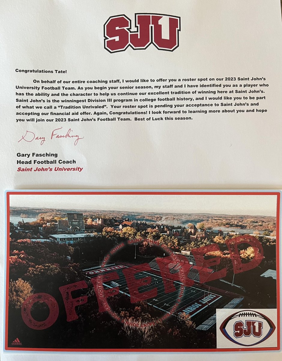 Tate Link (@tate_link) on Twitter photo After an awesome visit and talk with <a href="/SJUFBCoachDumo/">Damien Dumonceaux</a> <a href="/SJUDefense/">Brandon Novak</a> <a href="/SJUGaryFasching/">Gary Fasching</a> I’m happy to say that I’ve earned a offer from <a href="/SJUFootball/">Johnnie Football</a> !!
Thank you!! After an awesome visit and talk with <a href="/SJUFBCoachDumo/">Damien Dumonceaux</a> <a href="/SJUDefense/">Brandon Novak</a> <a href="/SJUGaryFasching/">Gary Fasching</a> I’m happy to say that I’ve earned a offer from <a href="/SJUFootball/">Johnnie Football</a> !!
Thank you!!