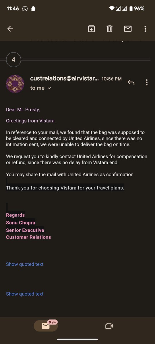 Sachanprusty's tweet photo. @united @united @airvistara 

As United Airlines and Vistara are airline partners, I would like you guys to communicate and resolve the concern. https://t.co/1CWoHfq5XM
