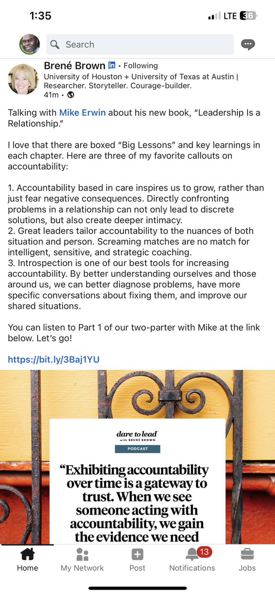 howardruns's tweet photo. @BreneBrown’s @LinkedIn endorsement of @ErwinRWB’s book:

1. “#Accountability based in care inspires us 2 grow, rather than just fear negative consequences. Directly confronting problems in a #Relationship can not only lead to discrete solutions, but also create deeper #Intimacy” https://t.co/SIQ6QDvYWT