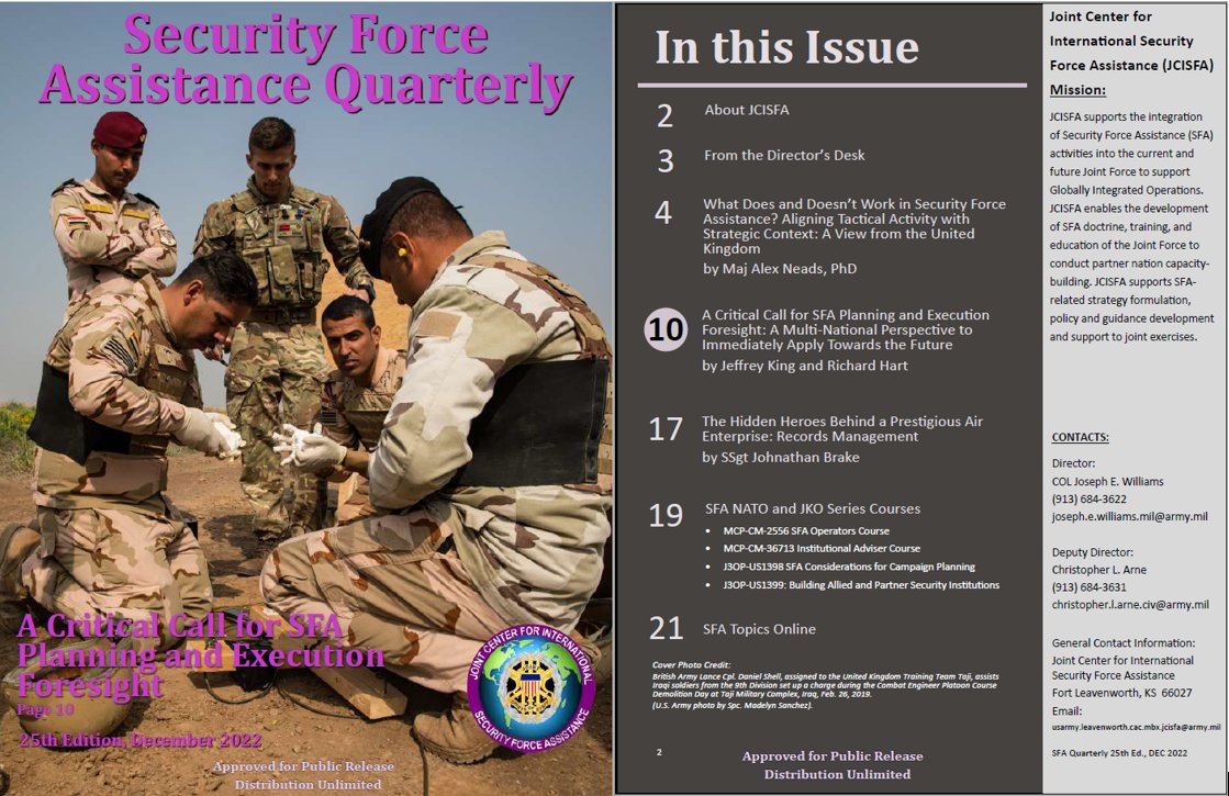 JCISFA's tweet photo. SFA Quarterly Newsletter, 25th edition December 2022. You can find the full newsletter on milSuite (https://t.co/ywuE8kLvhY) or contact us for a public release copy at  usarmy.leavenworth.cac.mbx.jcisfa@army.mil #thejointstaff https://t.co/l6hE8dMZ7Z