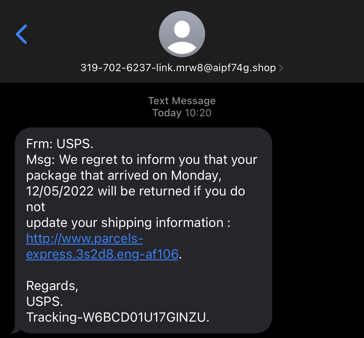 notrslau's tweet photo. #ScamAlert 319-702-6237-link.mrw8@aipf74g.shop

The package that already arrived will be returned 🤦🏻

Like most scams, this "error" is intentional - it filters out people who notice the error and are thus unlikely to be scammed. https://t.co/xlOtFDpUN7