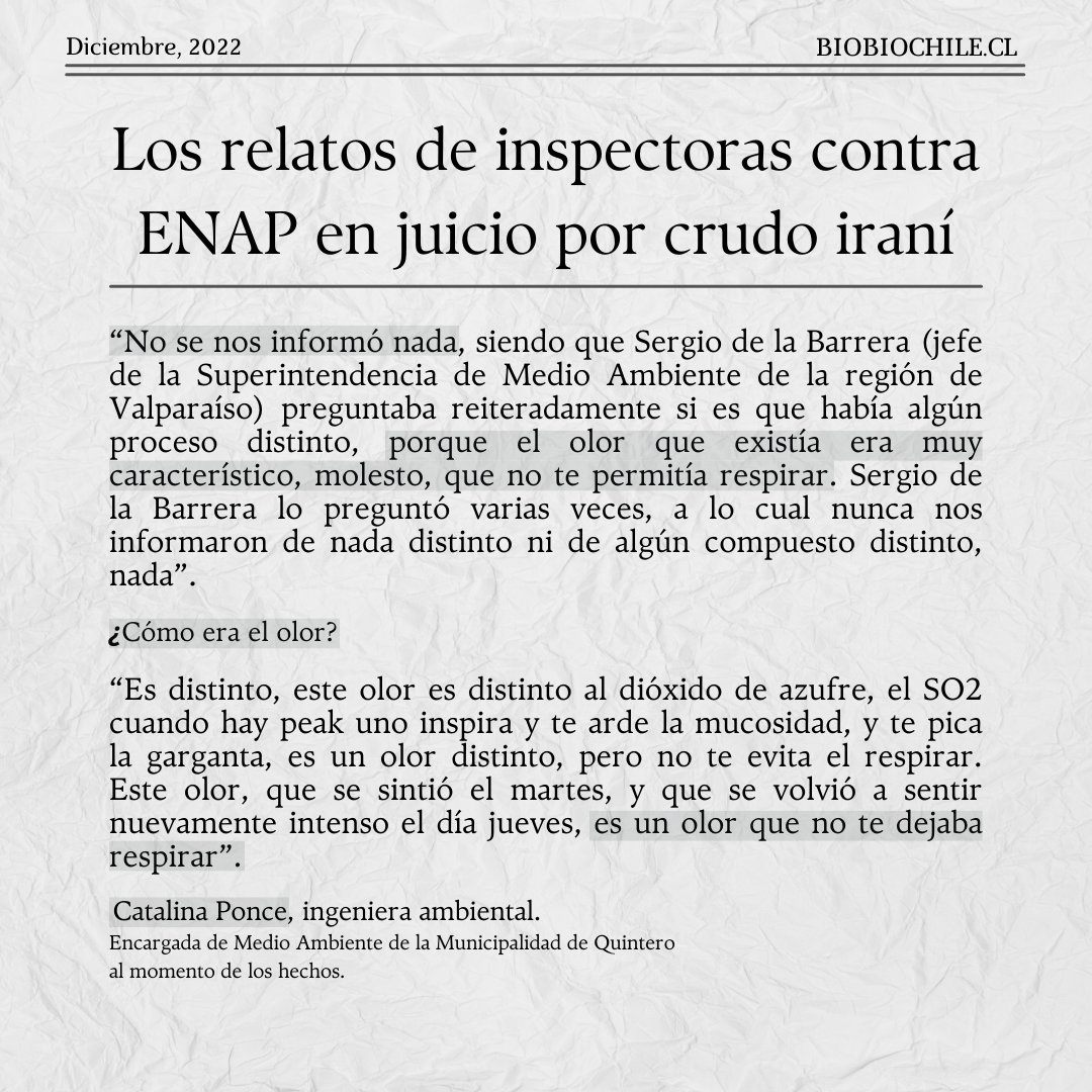 quinterosano's tweet photo. #ENAPdilaVerdad | Mientras continúa el #PrimerJuicioMedioambiental, compartimos parte del relato de Catalina Ponce, una de las fiscalizadoras que inspeccionaron el Terminal Marítimo Quintero de ENAP al momento del episodio de contaminación en #Quintero y #Puchuncaví. https://t.co/HJkxEh9dFW