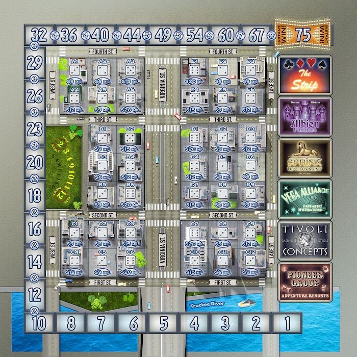 LoneSharkGames's tweet photo. We return from the weekend with a closer look at the lovely new Reno board, a deep dive into some of the unique mechanics, and some love for 2-player games! Check out all the details and back your copy of #LordsofVegas Americana! #Kickstarter https://t.co/agaED0ZstH https://t.co/W5y2Ac8TTi