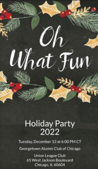 ChicagoHoyas's tweet photo. Please join us on December 13th from 6:00-9:00pm for our annual holiday party at the Union League Club!

Come eat, drink, and be merry!

Register at https://t.co/Okg7OmHTMn https://t.co/yhvaZEKXbW